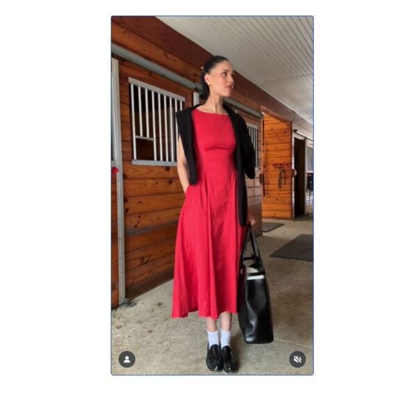 Helsa Stretch Cotton Sateen Midi Dress in Red Small New Womens Aline Fit n Flare - Picture 12 of 16